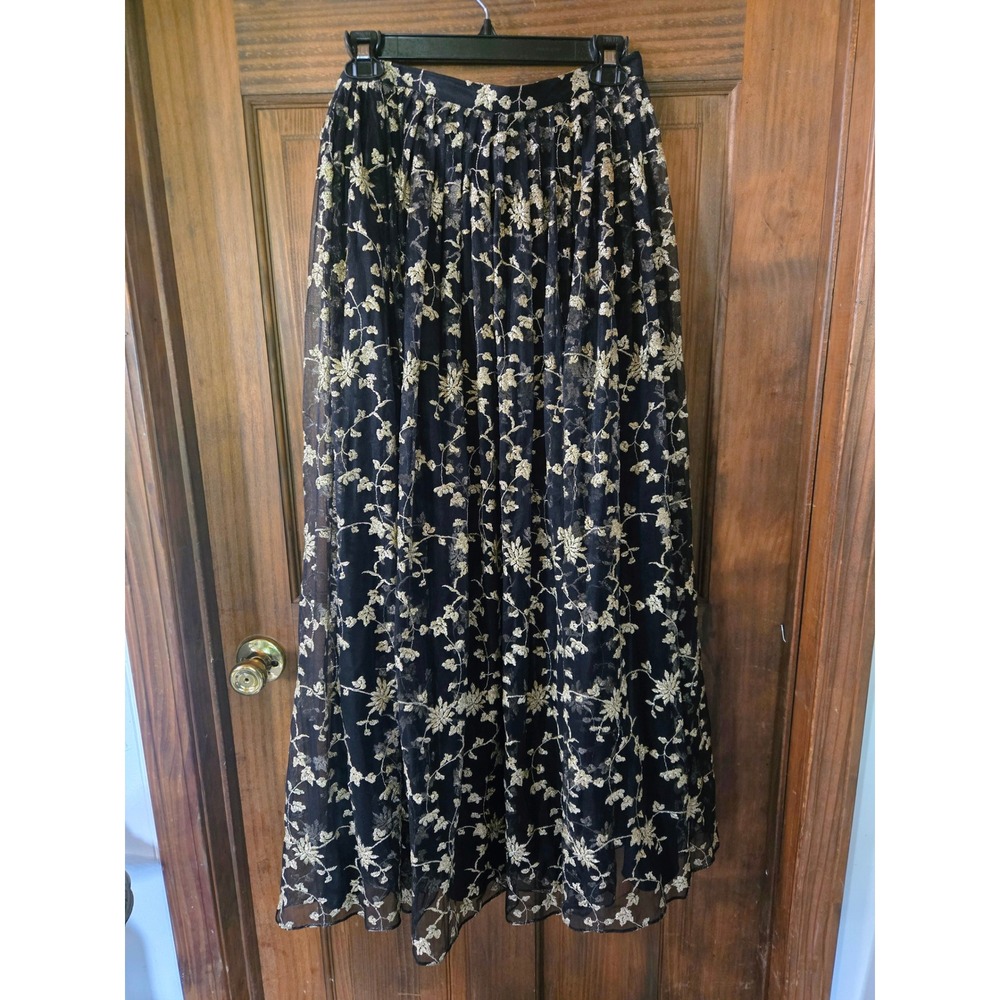Dana Buchman Luxe Black Gold Floral Embroidered Mesh Maxi Skirt Formal 29"waist - Picture 2 of 5